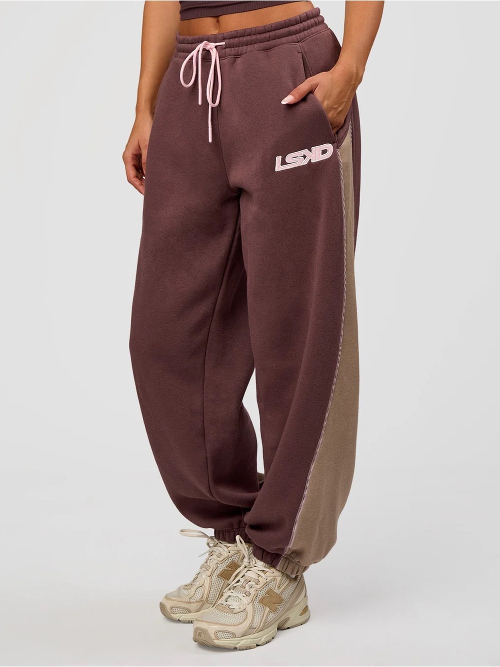 LSKD Power Play Stitch Up Fleece Sweat Pant In Cocoa Powder/Marshmallow NWT - Picture 2 of 8